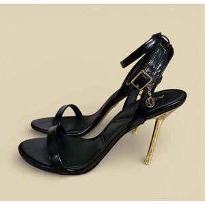 ALDO Black Ankle Strap Stiletto Sandals Gold Heel Women's Sz 6 Missing Heel Cap